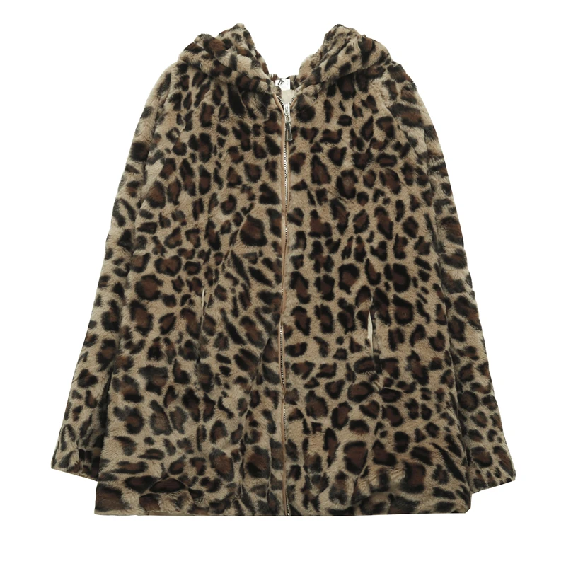 

Winter Korean Street Leopard Print Plush Jacket Thick Loose Hooded Jacket Windbreaker